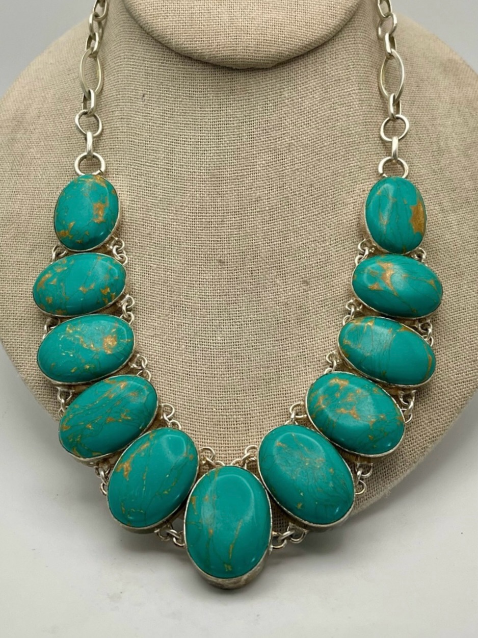 Fabulous Graduated Turquoise Sterling Silver Bib Necklace Boho Southwestern Vibe